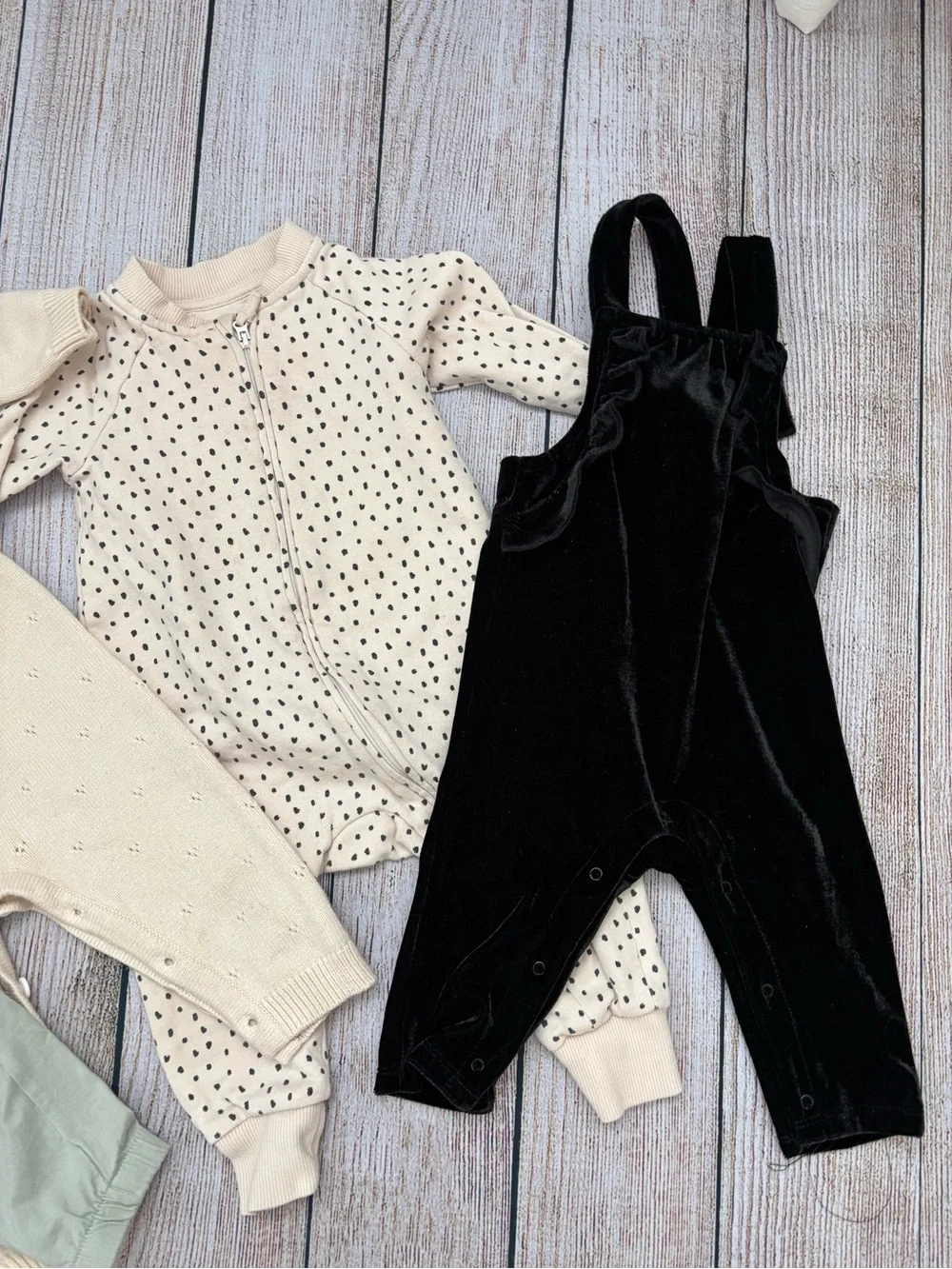 Neutral Knit Romper, H&M Polka Zip Sleeper & Black Velvet Overalls 9m